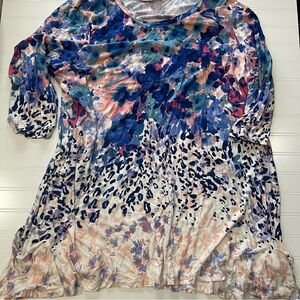 Logo Lori Goldstein Womens Artsy Floral Sharkbite Hem Tunic 3X Blue Stretch T11